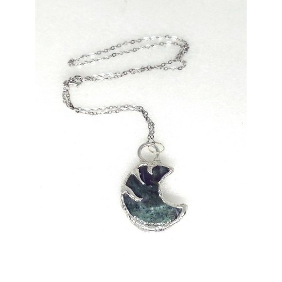 Moss agate moon crystal Necklace handmade silver spikes stainless steel chain - Picture 4 of 9